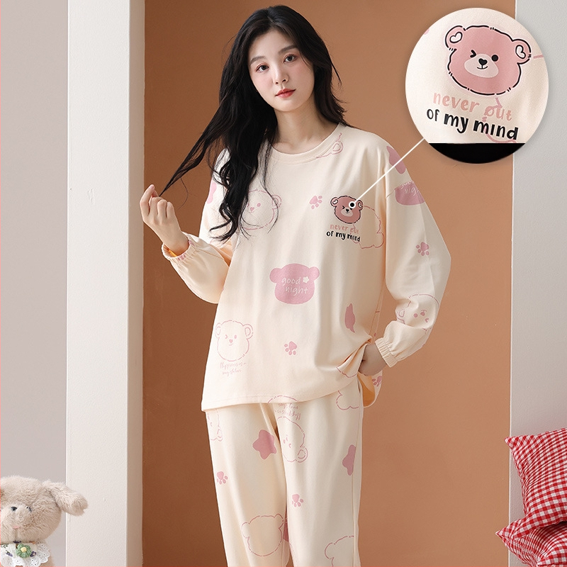 Naiste puuvillased pidžaamad, kahekohaline komplekt, pikkade varrukatega, ümmarguse kaelusega, püksid, sõbralik ja armas stiil