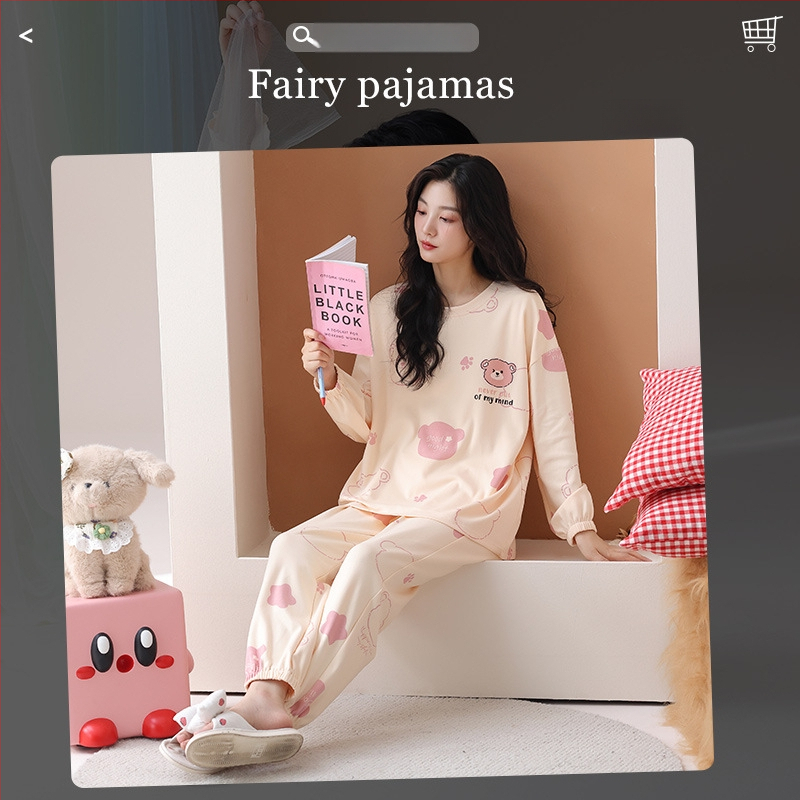 Naiste puuvillased pidžaamad, kahekohaline komplekt, pikkade varrukatega, ümmarguse kaelusega, püksid, sõbralik ja armas stiil