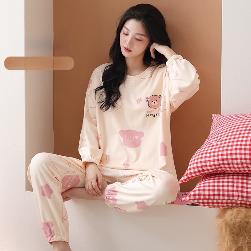 Naiste puuvillased pidžaamad, kahekohaline komplekt, pikkade varrukatega, ümmarguse kaelusega, püksid, sõbralik ja armas stiil