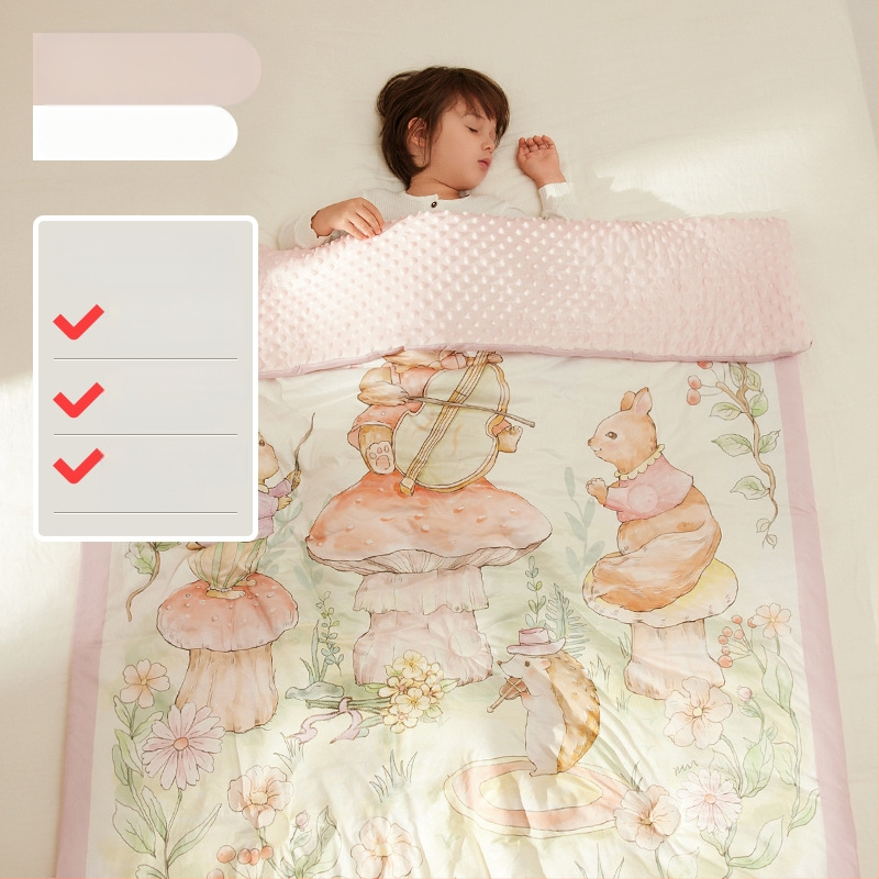 Kūdiklių pledas su poliesterio užpildais, megzta medvilnė audinys, svoris 0,55–1,0 kg, pavasario ir rudens sezonoms, tinkamas 1–2 metų vaikams