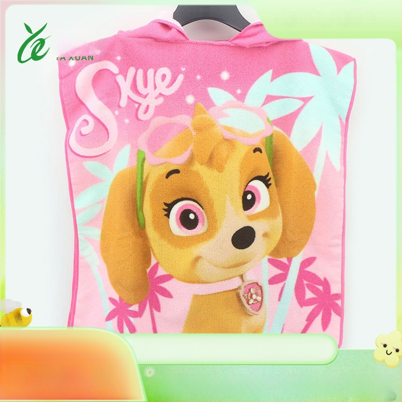 Vaikų gobtuvinis rankšluostis iš superfinio pluošto su reaktyviu spaudiniu karikatūros dizainas, svoris 200-300 g, 150D polieteris, pritaikomi raštai