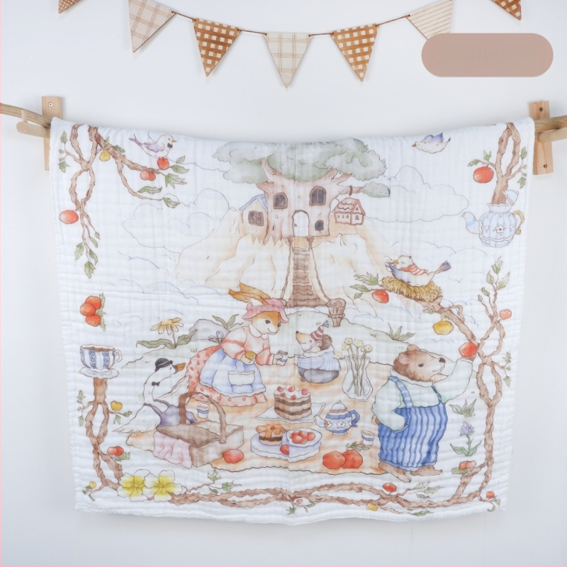 Kūdikių marlių rankšluostis su karikatūrų raštu – visiems metų laikams, 300–400 g, 40 siūlų, Spausdinta