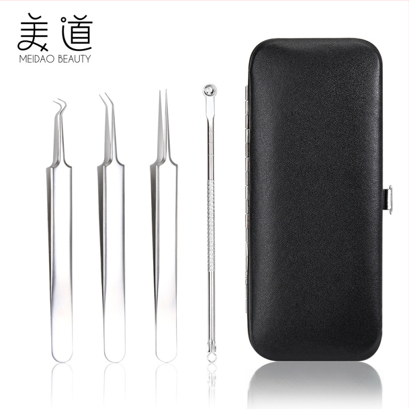 Spuogų įrankių rinkinys: spuogų klipsas ir adata, nerūdijančio plieno, elektroplatinė danga, keturių dalių rinkinys, tinka visiems odos tipams