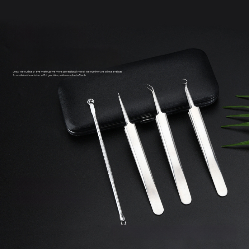 Spuogų įrankių rinkinys: spuogų klipsas ir adata, nerūdijančio plieno, elektroplatinė danga, keturių dalių rinkinys, tinka visiems odos tipams