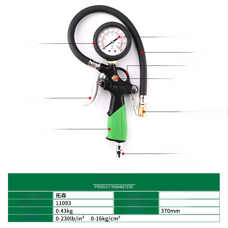 Topson padangų slėgio matuoklis su integruotu inflatoriumi, mechaninis padangų slėgio matuoklis, 0-230 PSI/BAR