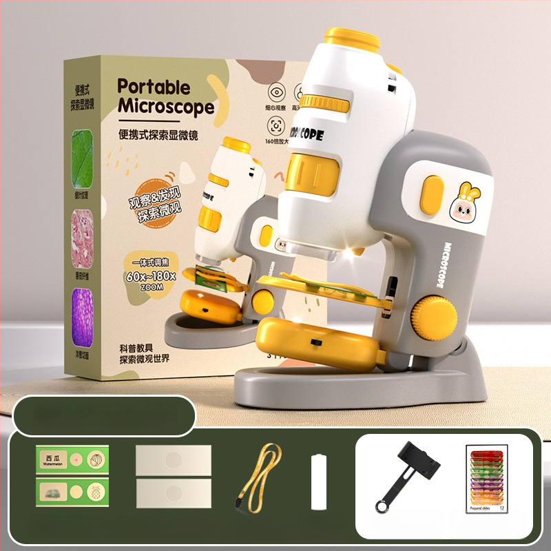 Laste mikroskoop 3-ühes, kompaktne hariv mänguasi, plastmassist, DIY-sõbralik, värvilises kastis pakendatud, mõeldud 4–6-aastastele, bioloogia/keemia (plastmass; DIY; värviline kast; 4–6 a.; bioloogia/keemia)