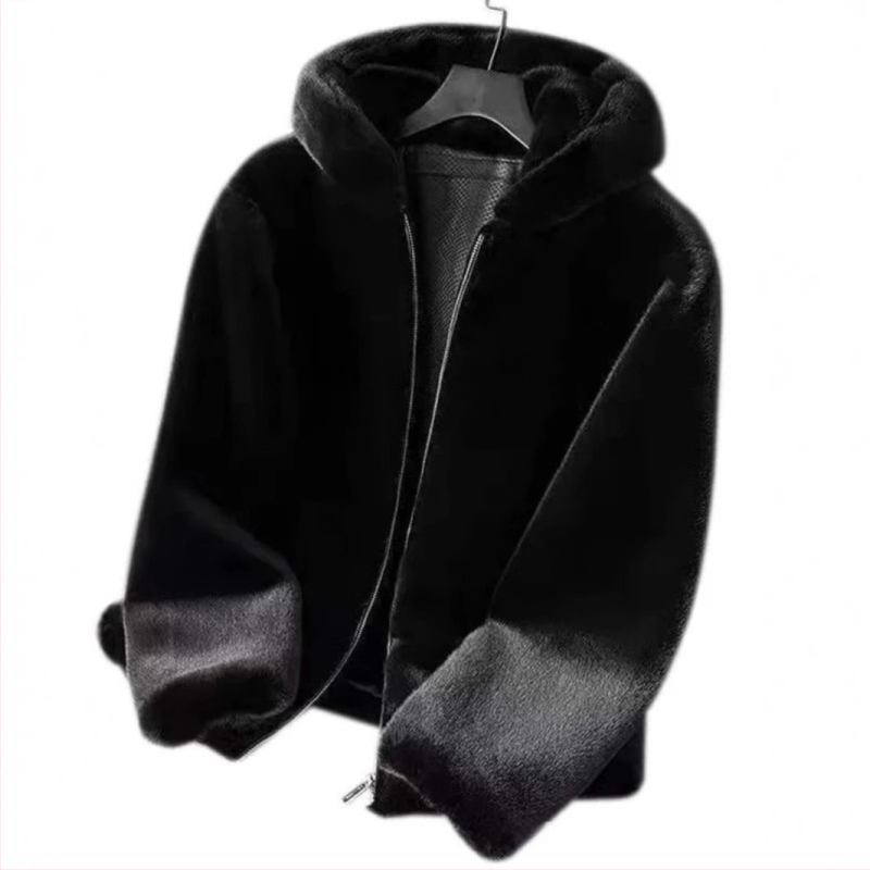 Vīriešu kažokādas mētelis ar kapuci no norkas kažokādes, vidējā garuma, brīvā piegriezuma, rāvējslēdzēja aizdare, īsta kažokāda