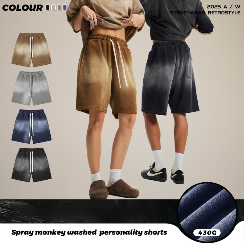 Vīriešu šorti no 100% kokvilnas, brīvās piegriezums, spray-dye mazgāšanas efekts retro izskatam, elastīgā josta (Pavasaris 2025)