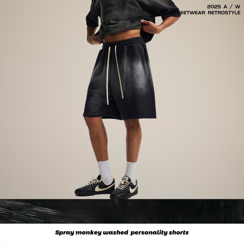 Vīriešu šorti no 100% kokvilnas, brīvās piegriezums, spray-dye mazgāšanas efekts retro izskatam, elastīgā josta (Pavasaris 2025)