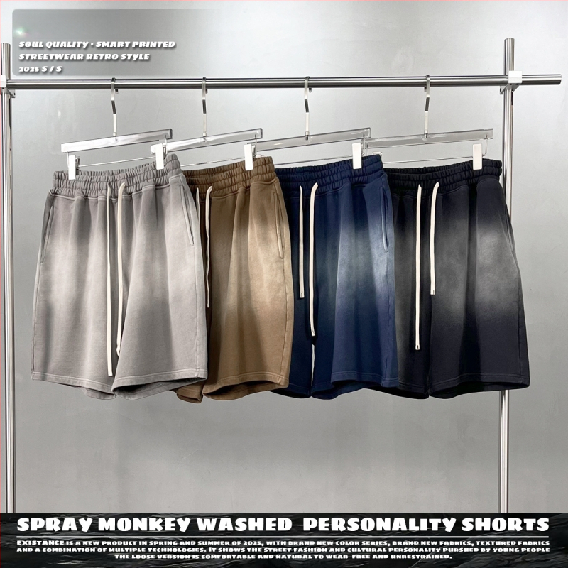 Vīriešu šorti no 100% kokvilnas, brīvās piegriezums, spray-dye mazgāšanas efekts retro izskatam, elastīgā josta (Pavasaris 2025)