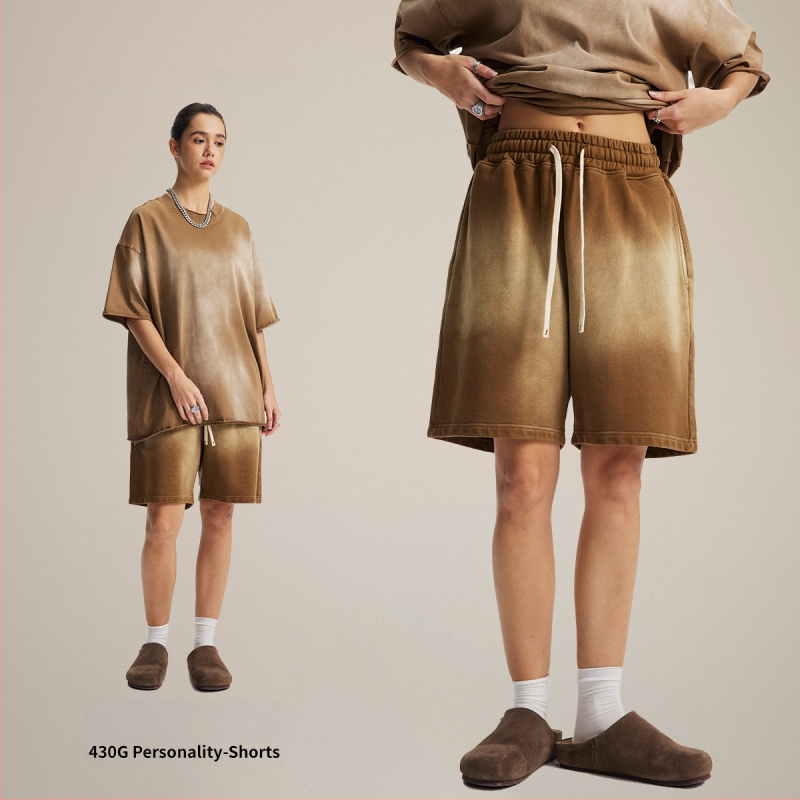 Vīriešu šorti no 100% kokvilnas, brīvās piegriezums, spray-dye mazgāšanas efekts retro izskatam, elastīgā josta (Pavasaris 2025)