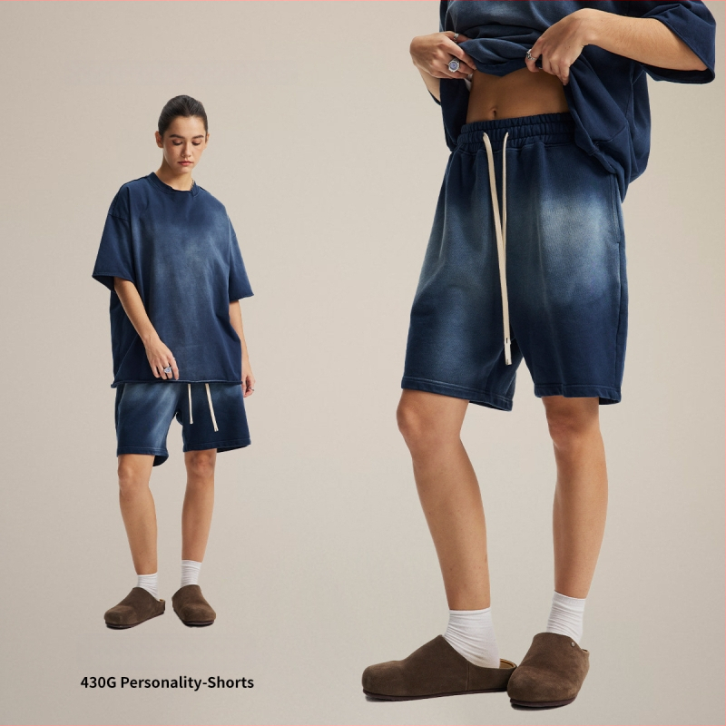 Vīriešu šorti no 100% kokvilnas, brīvās piegriezums, spray-dye mazgāšanas efekts retro izskatam, elastīgā josta (Pavasaris 2025)