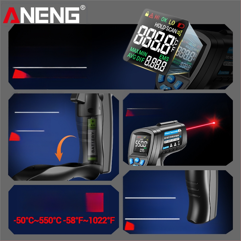 ANENG infraraudonųjų spindulių termometras pramoninei naudai — 0,5 s atsako laikas, AA baterija