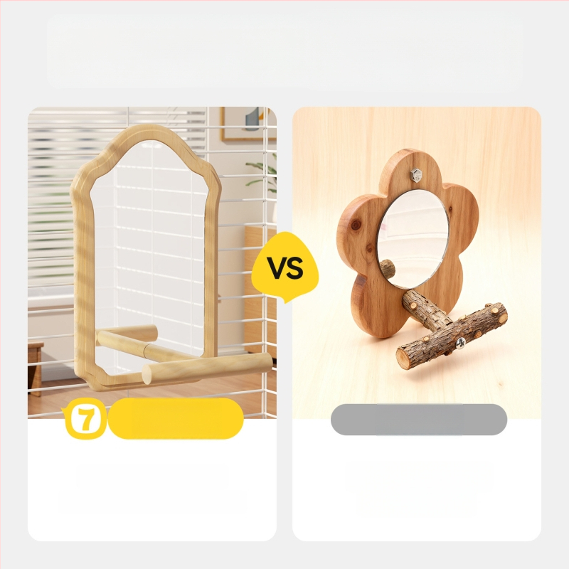 Papūgos veidrodžio žaislas su mediniu stovu (Anti evazijos dizainas, Be ritinių, Paukščiams)