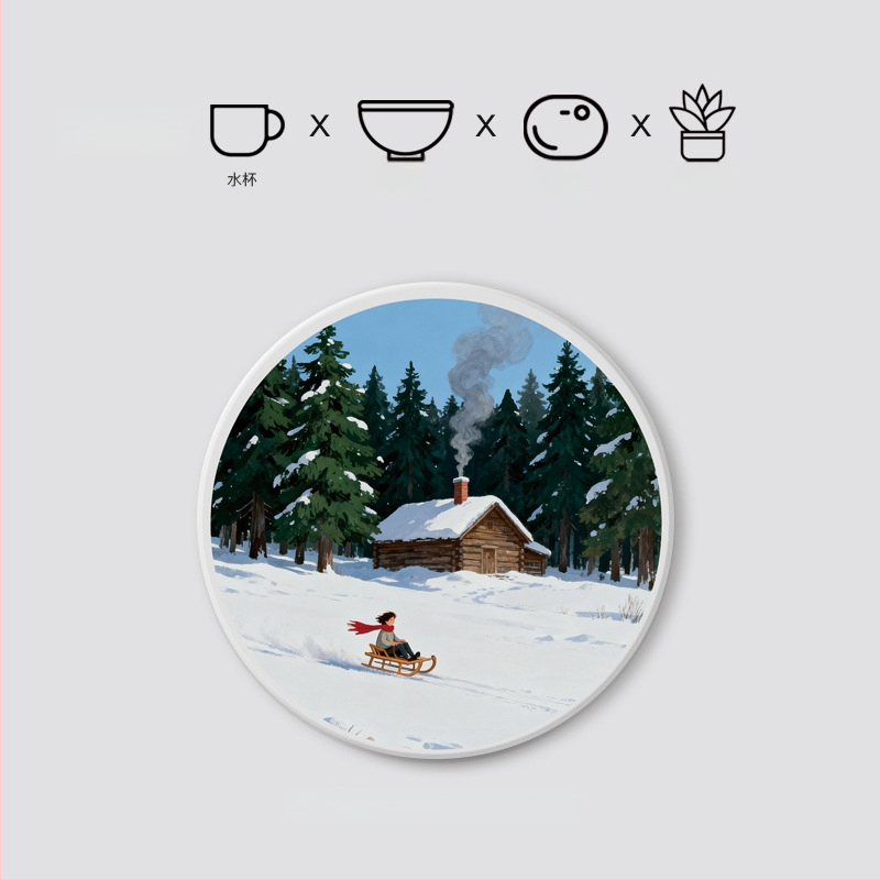 Diatomitų padėkliukai stiklinėms su peizažų motyvu, apvalūs, sugeria vandenį, greitai džiūsta, neslidūs, su individualiu logotipu