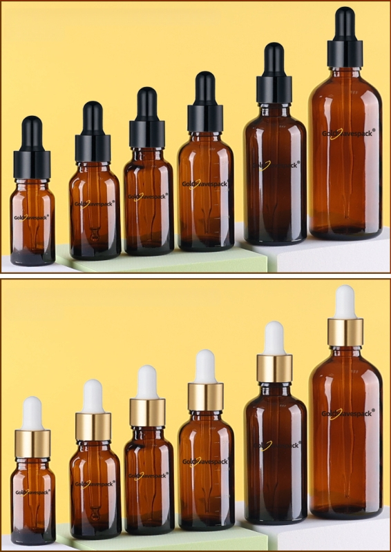 Pritaikytas stiklinis kosmetikos buteliukas su anti-vagystės lašintuvu, 18/410 kaklelis, spauda ir elektroplatinimas, skirta grožio pakuotei