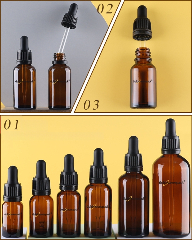 Pritaikytas stiklinis kosmetikos buteliukas su anti-vagystės lašintuvu, 18/410 kaklelis, spauda ir elektroplatinimas, skirta grožio pakuotei