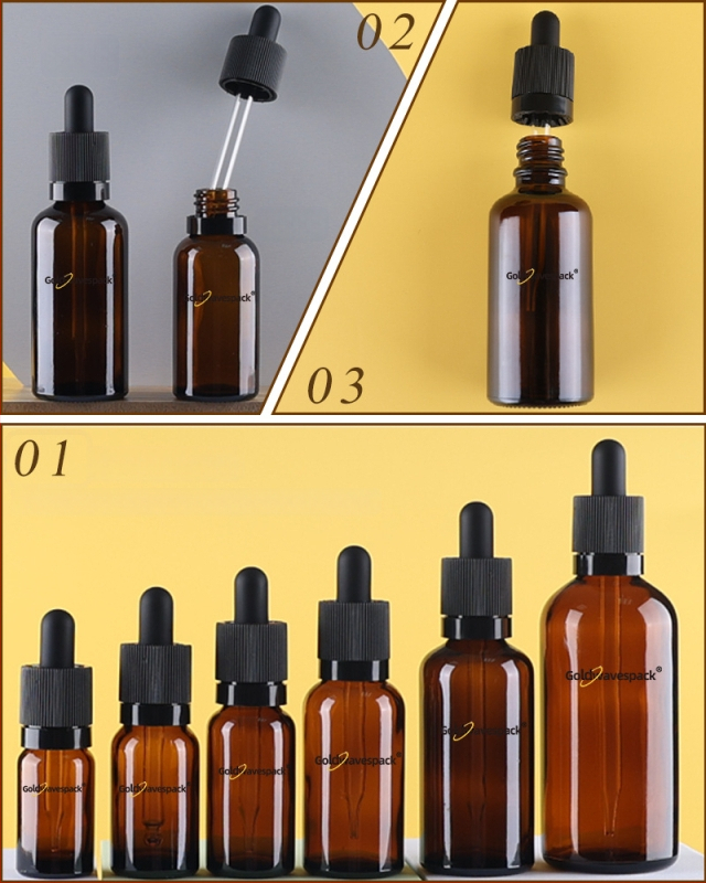 Pritaikytas stiklinis kosmetikos buteliukas su anti-vagystės lašintuvu, 18/410 kaklelis, spauda ir elektroplatinimas, skirta grožio pakuotei