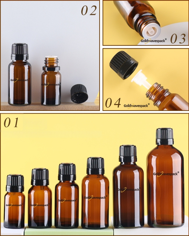 Pritaikytas stiklinis kosmetikos buteliukas su anti-vagystės lašintuvu, 18/410 kaklelis, spauda ir elektroplatinimas, skirta grožio pakuotei