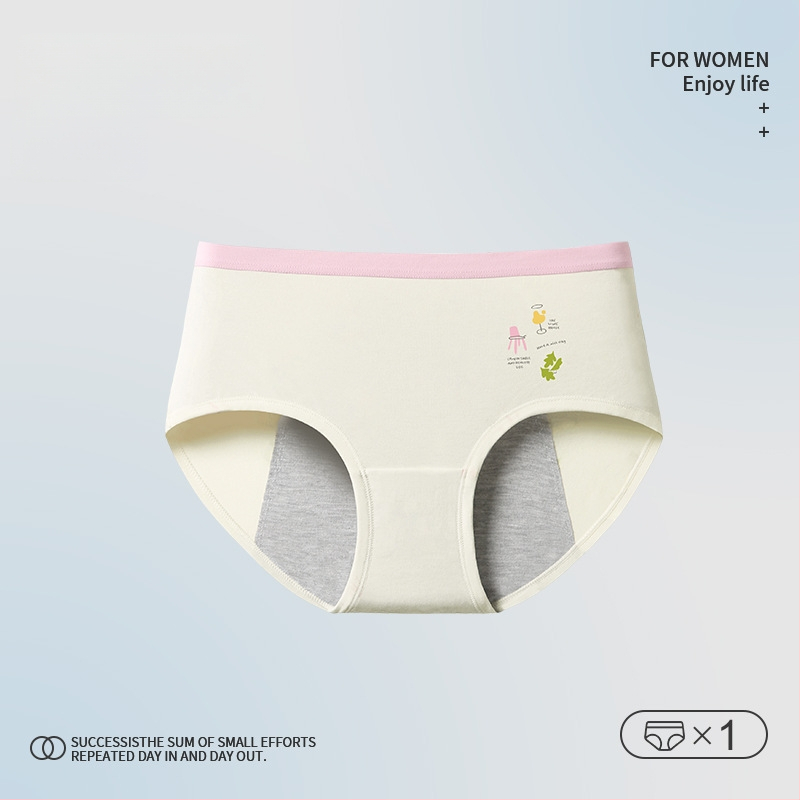 Mėnesinių apatiniai paauglėms – karikatūrų raštas, pagrindinis audinys: medvilnė 46%, kirkšnies įdaila 5% spandekso, vidutinio aukščio liemuo, skirtas 13–18 metų mergaitėms