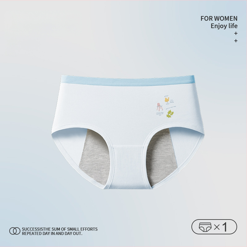 Mėnesinių apatiniai paauglėms – karikatūrų raštas, pagrindinis audinys: medvilnė 46%, kirkšnies įdaila 5% spandekso, vidutinio aukščio liemuo, skirtas 13–18 metų mergaitėms