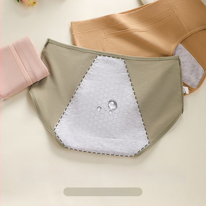 Moteriškos medvilninius menstruacijų kelnaitės, trijų sluoksnių apsauga nuo nutekėjimo, antibakterinės, vidutinio pločio liemuo; išorė 95% medvilnė, intymi danga 100% medvilnė