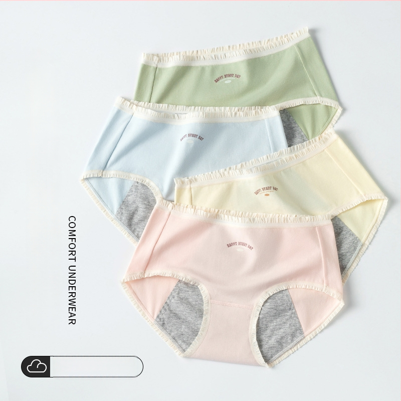Moteriškos medvilninės menstruacijų kelnaitės su šoninio nuotėkio apsauga, pagrindinis audinys 95% medvilnė, intymi dalis 95% medvilnė, vidutinio aukščio juosmuo