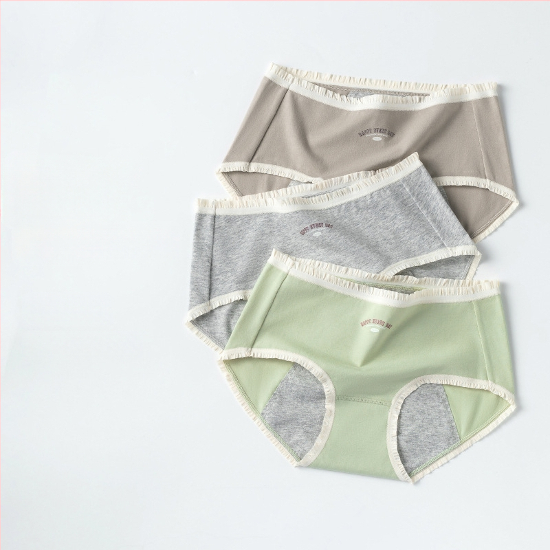 Moteriškos medvilninės menstruacijų kelnaitės su šoninio nuotėkio apsauga, pagrindinis audinys 95% medvilnė, intymi dalis 95% medvilnė, vidutinio aukščio juosmuo