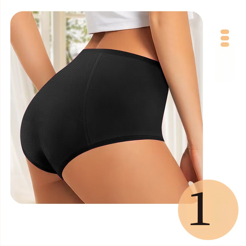 Moterų menstruaciniai apatiniai, megztas poliesterio audinys (82%), vidutinio aukščio liemuo, kvėpuojantys, nepralaidūs skysčiams, be siūlių, medvilnės įdėklas.