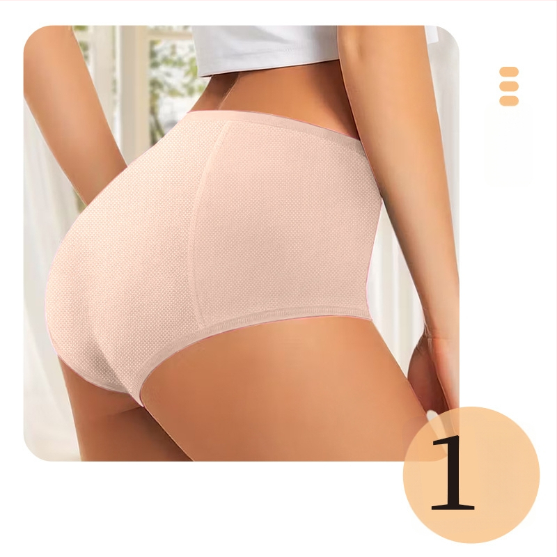 Moterų menstruaciniai apatiniai, megztas poliesterio audinys (82%), vidutinio aukščio liemuo, kvėpuojantys, nepralaidūs skysčiams, be siūlių, medvilnės įdėklas.