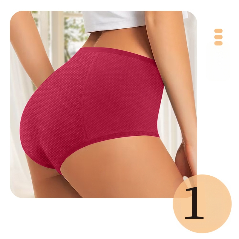 Moterų menstruaciniai apatiniai, megztas poliesterio audinys (82%), vidutinio aukščio liemuo, kvėpuojantys, nepralaidūs skysčiams, be siūlių, medvilnės įdėklas.