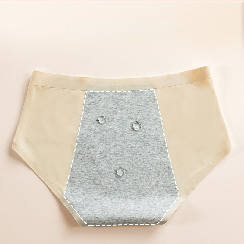 Moteriškos menstruacijų apatiniai su vidutine/aukšta juosmeniu, priekyje ir gale apsauga nuo nutekėjimo, pagrindinis audinys nailonas, tarpkojo pamušalas iš medvilnės