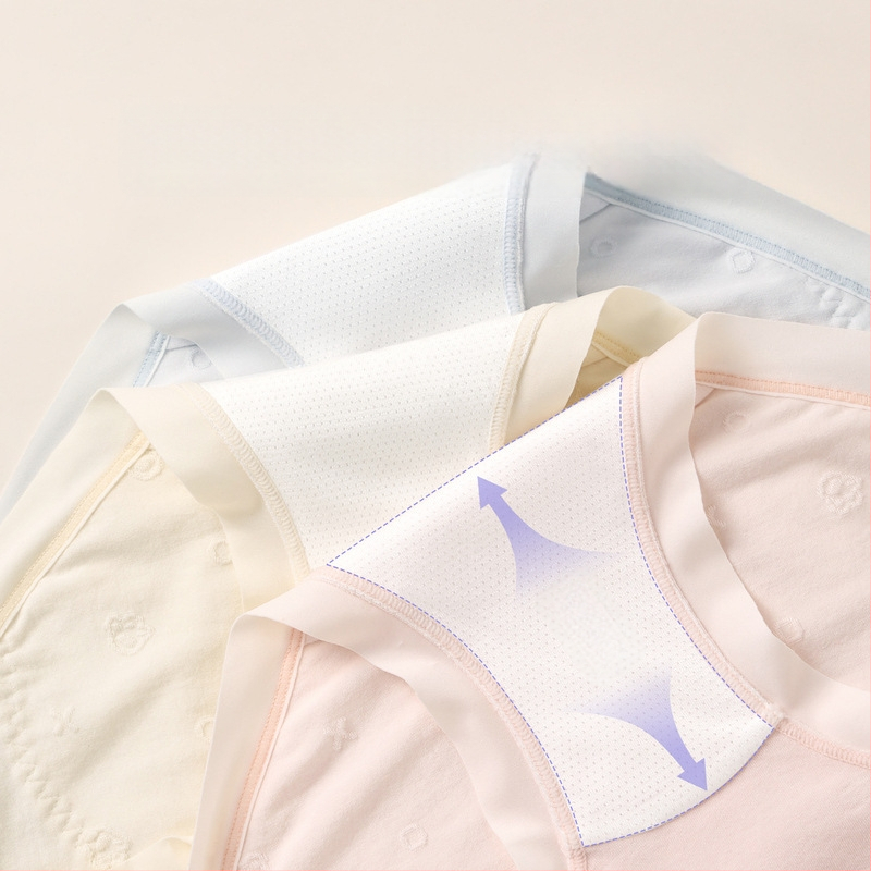 Moterų antibakterinės menstruacinės kelnaitės su vidurio juosmeniu ir apsauga nuo pratekėjimo; pagrindinis audinys: medvilnė-modalas-spandexas; intymi danga: viskozė-spandex-nailonas