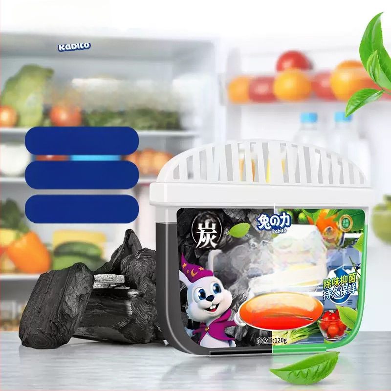 Šaldytuvo dezodorantas su aktyviuoju angliu, 120 g, 48 vnt dėžėje, kvapas žaliosios arbatos polifenoliai; pagrindinės sudedamosios dalys: augalų ekstraktai, paviršiaus aktyviosios medžiagos, geliuojančios medžiagos, arbatos polifenoliai; šalina kvapus ir p