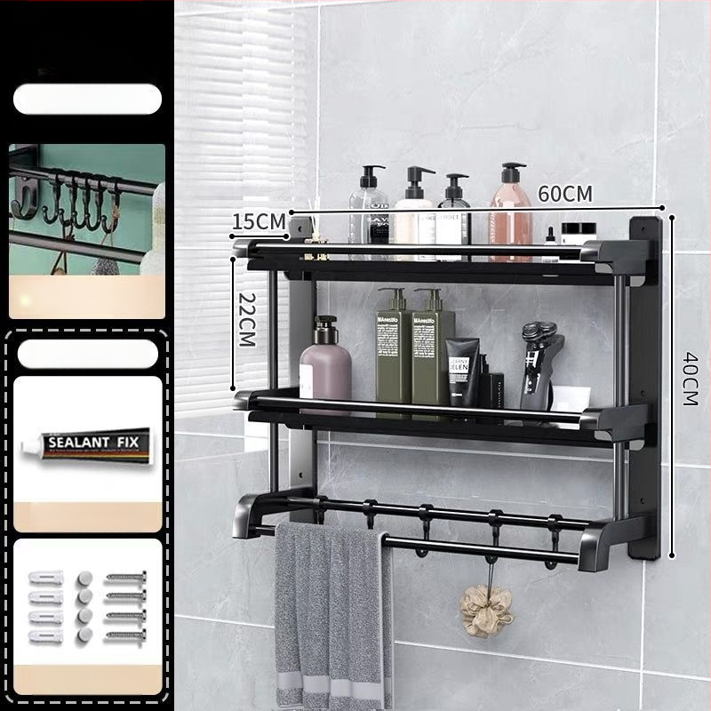 3‑sluoksnis vonios kambario lentyna iš nerūdijančio plieno su PVC danga, sieninis montavimas be gręžimo, skirta higienos priemonėms ir rankšluosčiams