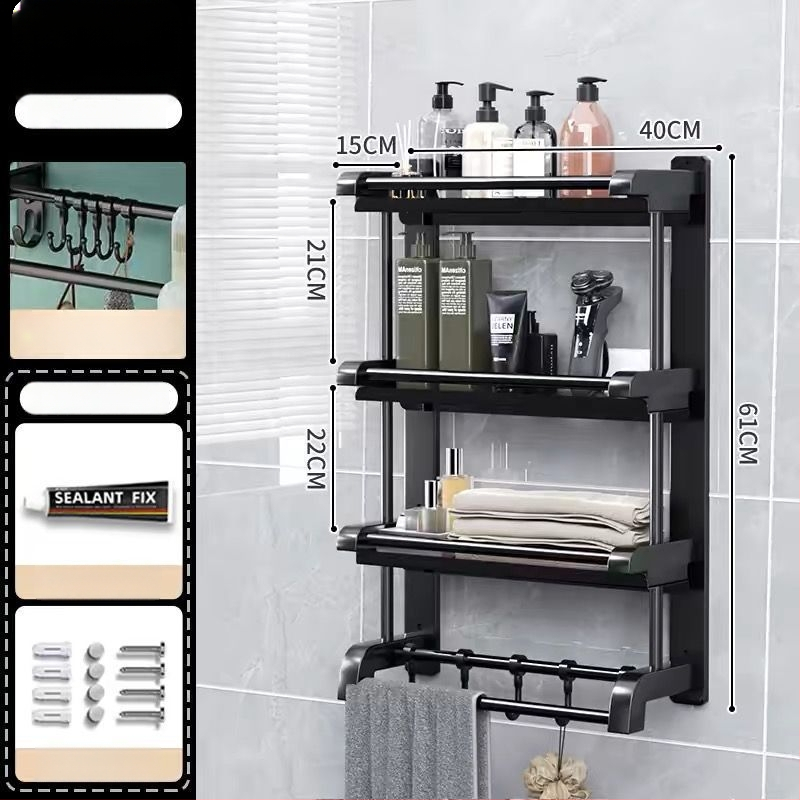 3‑sluoksnis vonios kambario lentyna iš nerūdijančio plieno su PVC danga, sieninis montavimas be gręžimo, skirta higienos priemonėms ir rankšluosčiams