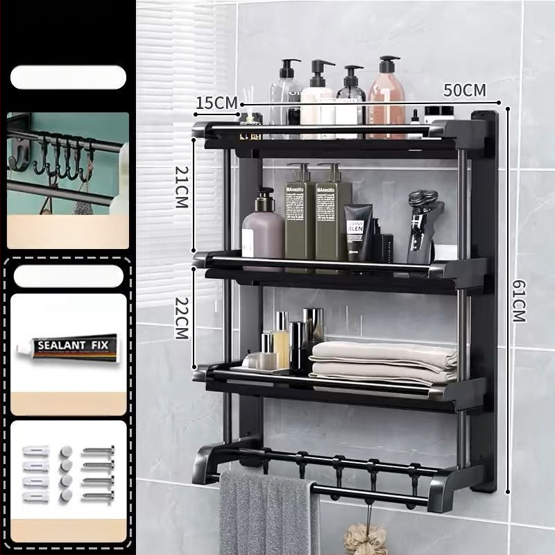 3‑sluoksnis vonios kambario lentyna iš nerūdijančio plieno su PVC danga, sieninis montavimas be gręžimo, skirta higienos priemonėms ir rankšluosčiams