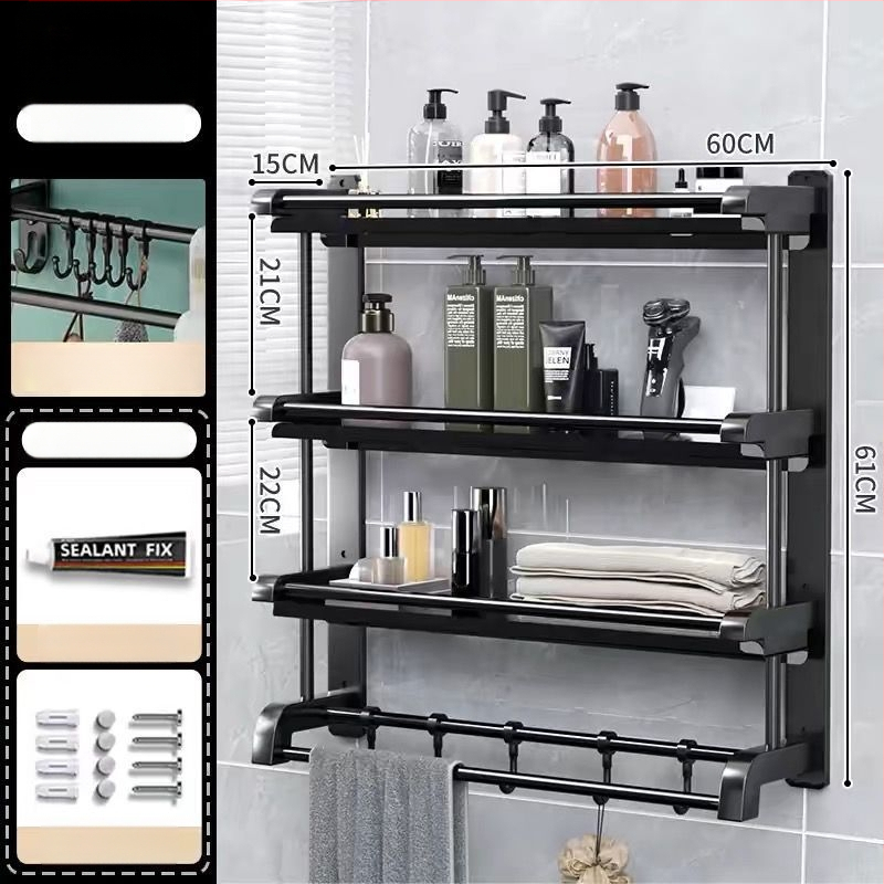 3‑sluoksnis vonios kambario lentyna iš nerūdijančio plieno su PVC danga, sieninis montavimas be gręžimo, skirta higienos priemonėms ir rankšluosčiams