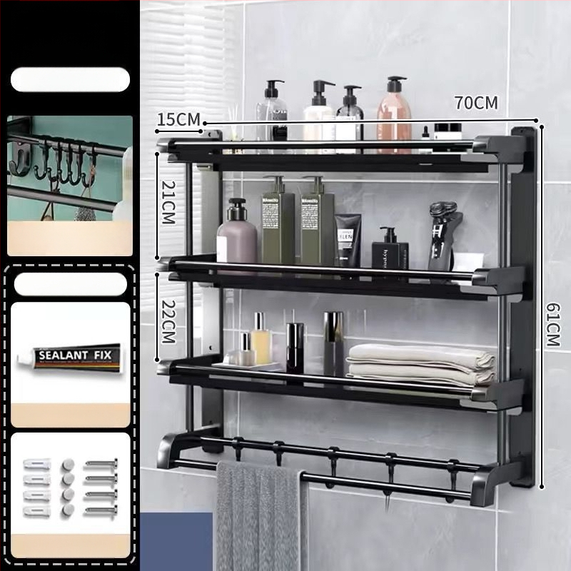 3‑sluoksnis vonios kambario lentyna iš nerūdijančio plieno su PVC danga, sieninis montavimas be gręžimo, skirta higienos priemonėms ir rankšluosčiams