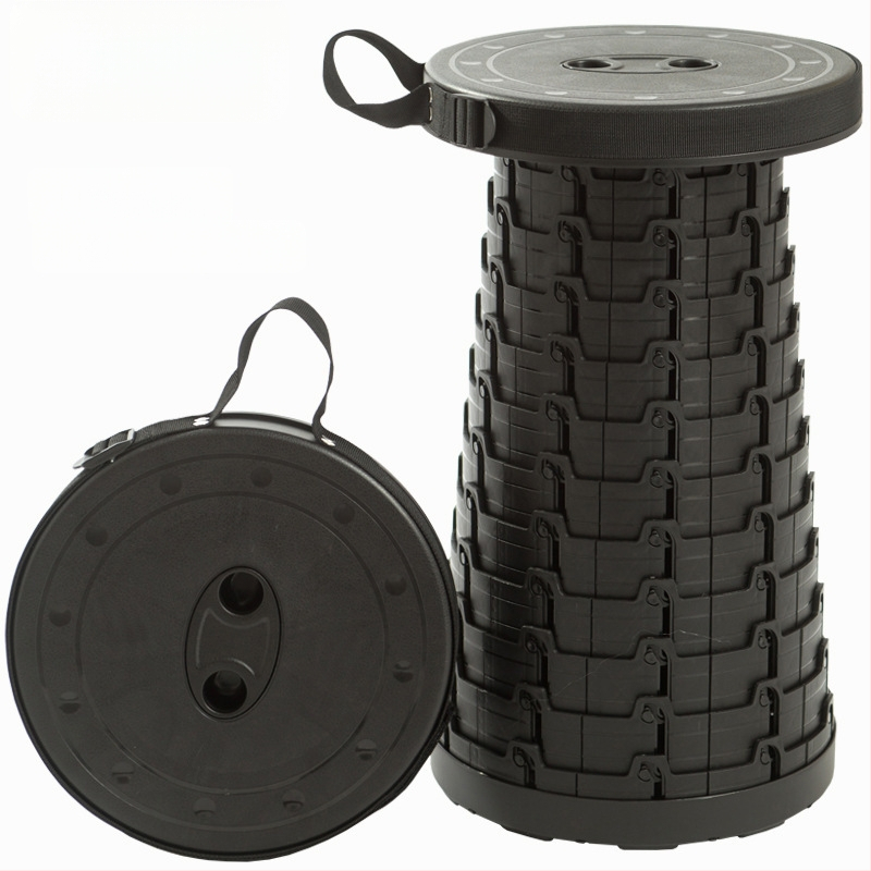 Reisile sobiv kokkukäiv tool — kaasaskantav PP-plastikust ümmarguse istmega tool, kandevõime 100 kg, kaal 980 g, kokkukäiv