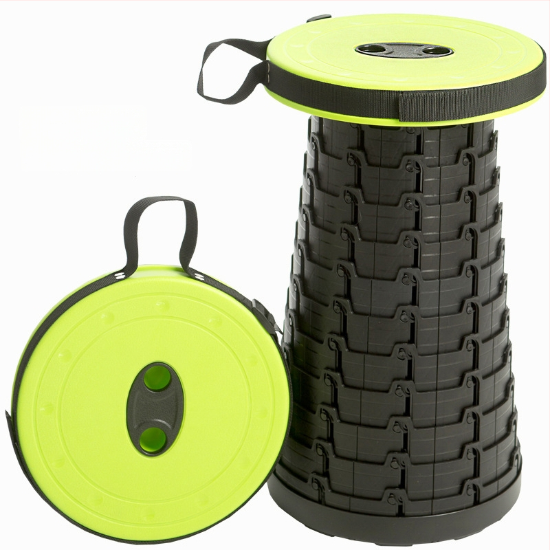 Reisile sobiv kokkukäiv tool — kaasaskantav PP-plastikust ümmarguse istmega tool, kandevõime 100 kg, kaal 980 g, kokkukäiv