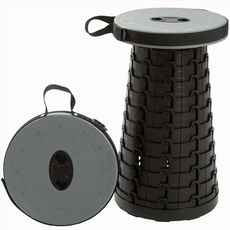 Reisile sobiv kokkukäiv tool — kaasaskantav PP-plastikust ümmarguse istmega tool, kandevõime 100 kg, kaal 980 g, kokkukäiv