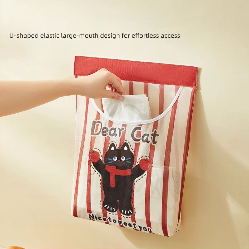 Tinkle montuojama sieninė laikymo kišenė šiukšlių maišiams, virtuvėje, mielas cartoon stilius, daugiafunkcinis organizatorius.