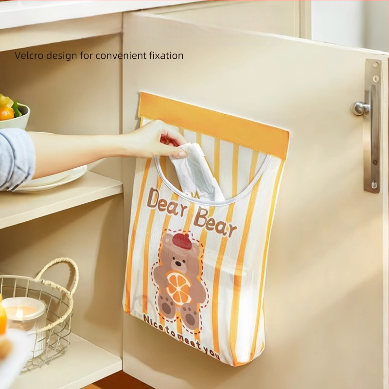 Tinkle montuojama sieninė laikymo kišenė šiukšlių maišiams, virtuvėje, mielas cartoon stilius, daugiafunkcinis organizatorius.