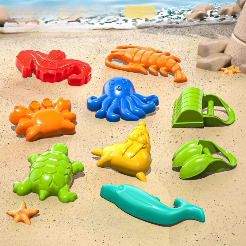 Bērnu pludmales spēļu komplekts ar auto un spēlēm smiltīs un sniegā; plastmasas konstrukcija, vecuma diapazons 4–6 gadi, iekļauts spaiņš un lāpstiņa