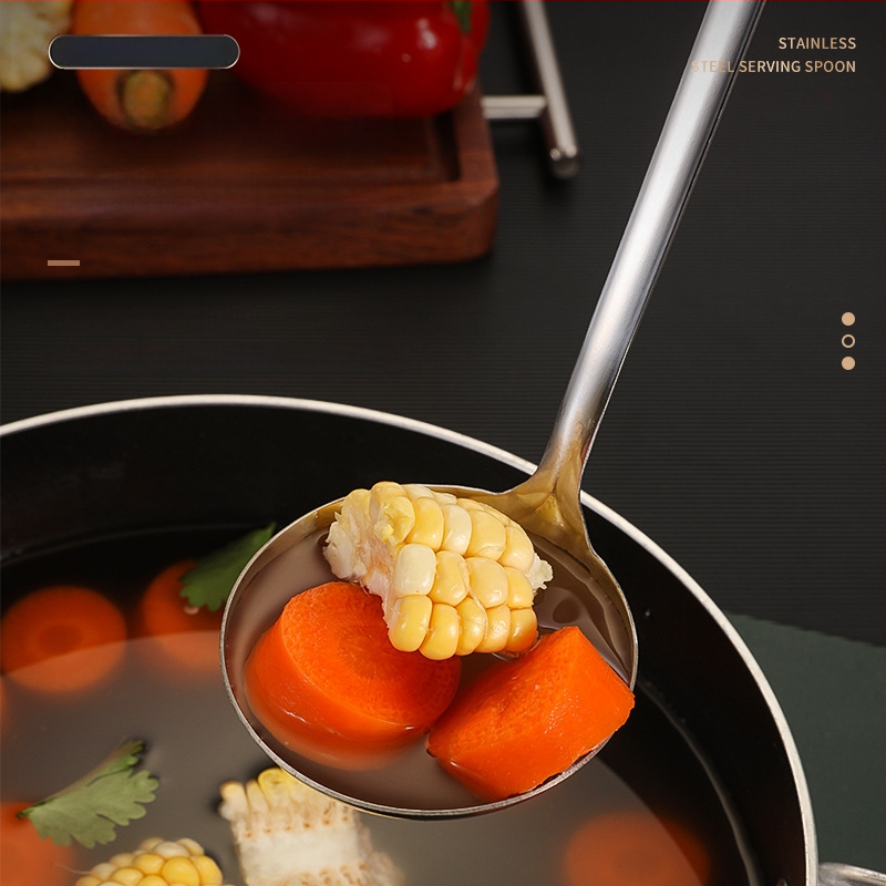 Nerūdijančio plieno sriubos šaukštas ir sietelis – storesnė konstrukcija, aukštos temperatūros atsparumas, rankena ir šaukštas iš nerūdijančio plieno, logotipo spausdinimas, pritaikymas galimas