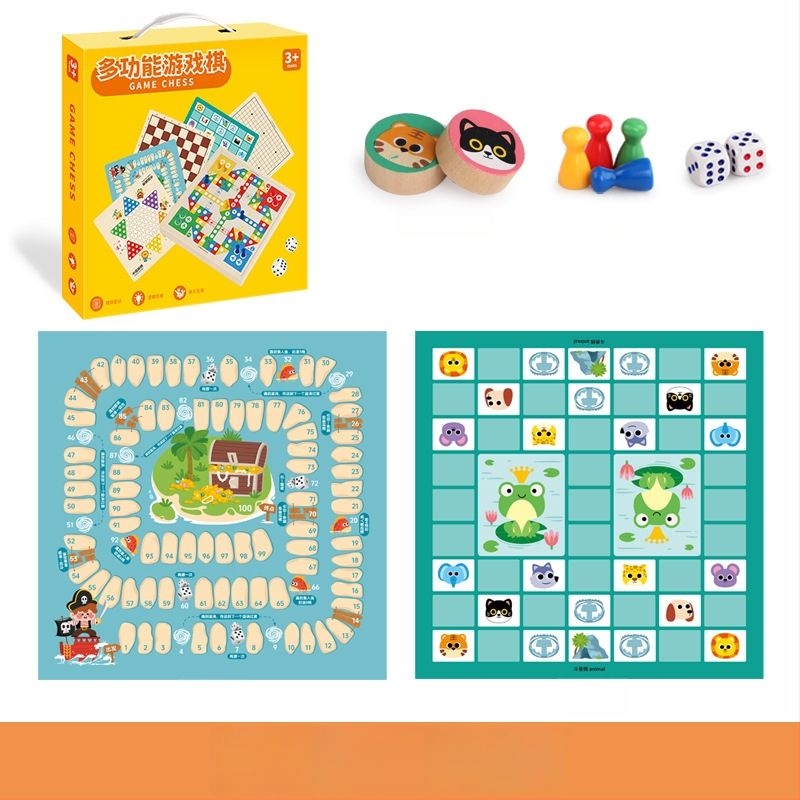 Du viename medinis ugdymo stalo žaidimas vaikams: Gomoku ir skrydžio šachmatai su nešiojama dovanų dėžute; skatina intelektinę plėtrą ir rankos-akių koordinaciją.