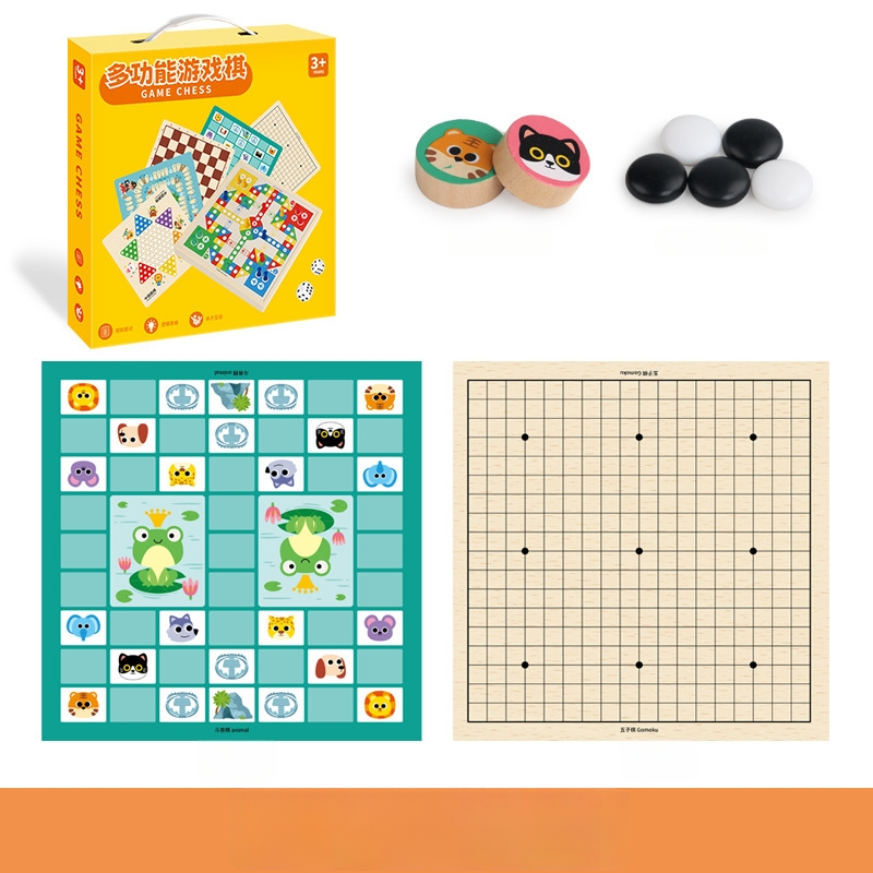 Du viename medinis ugdymo stalo žaidimas vaikams: Gomoku ir skrydžio šachmatai su nešiojama dovanų dėžute; skatina intelektinę plėtrą ir rankos-akių koordinaciją.