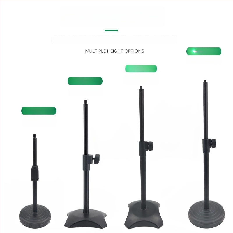 Stalo laikiklis telefonui ir mikrofonui su reguliuojamu apšvietimu tiesioginiams transliavimams, apvalios diskos pagrindas, metalinė vamzdinė konstrukcija.