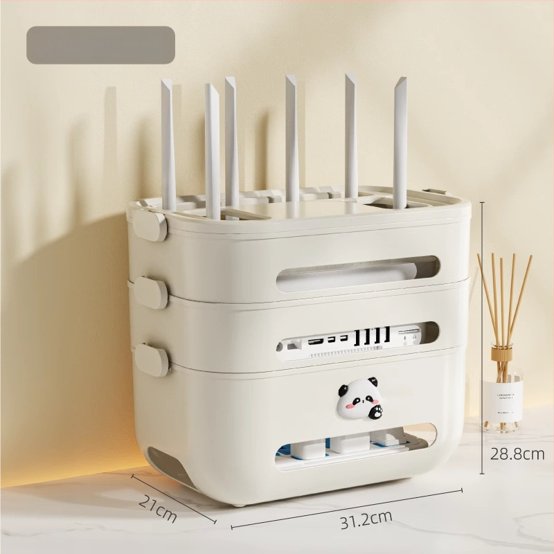 Duomenų kabelių laikymo dėžutė Wi‑Fi maršrutizatoriui ir set‑top dėžutei — stalinis kabelių organizatorius, PP plastikas, modernus minimalistinis dizainas